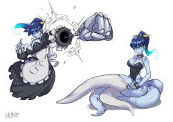 Rule 34 | 1girl, apron, black dress, black leotard, blue eyes, blue hair, blue sclera, blue skin, bracelet, closed mouth, colored sclera, colored skin, covered navel, dress, gradient hair, highres, jewelry, leotard, looking at viewer, maid, mechanical hands, monster girl, multicolored hair, multiple views, one eye closed, original, ponytail, prosthesis, prosthetic arm, punching, ryuusei (mark ii), scylla, signature, simple background, spiked bracelet, spikes, suction cups, thighhighs, white apron, white background
