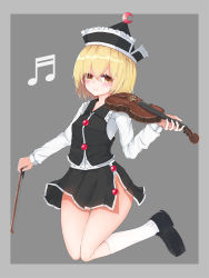 Rule 34 | 1girl, beamed sixteenth notes, black footwear, black hat, black skirt, black vest, blonde hair, border, bow (music), closed mouth, frilled hat, frills, full body, grey background, grey border, hat, highres, holding, holding instrument, holding violin, instrument, long sleeves, looking at viewer, lunasa prismriver, musical note, no panties, sarise0916, shirt, short hair, simple background, skirt, smile, solo, thighhighs, touhou, vest, violin, white shirt, white thighhighs, yellow eyes