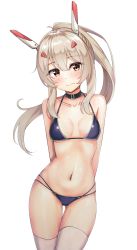 Rule 34 | 1girl, arms behind back, ayanami (azur lane), azur lane, bare arms, bare shoulders, benedia, bikini, black bikini, black choker, blush, breasts, breasts apart, brown eyes, brown hair, choker, closed mouth, collarbone, cowboy shot, gluteal fold, hair ornament, halterneck, halterneck, headgear, highres, long hair, looking at viewer, navel, ponytail, retrofit (azur lane), simple background, small breasts, solo, sweat, swimsuit, thigh gap, thighhighs, wavy mouth, white background, white thighhighs