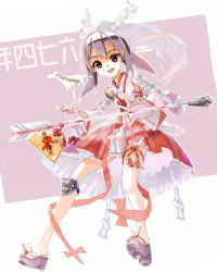 Rule 34 | 1girl, arrow (projectile), floating, hair ribbon, japanese clothes, knife, long hair, looking at viewer, miko, nana-shi hostler, open mouth, original, petticoat, platform clogs, pleated skirt, ponytail, purple eyes, purple hair, ribbon, skirt, smile, solo, talisman, thigh strap