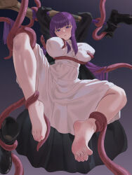 Rule 34 | 1girl, absurdres, bare legs, barefoot, black robe, boots, breasts, capelet, chuck (harfmoondark), dress, feet, fern (sousou no frieren), highres, holding, holding staff, large breasts, long hair, purple eyes, purple hair, purple pupils, restrained, robe, soles, sousou no frieren, staff, straight hair, tentacles, toes, white capelet, white dress