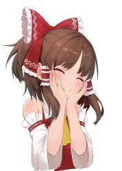 Rule 34 | 1girl, ascot, bare shoulders, blush, bow, brown hair, closed eyes, closed mouth, collared dress, commentary request, detached sleeves, dress, frills, hair ornament, hair tubes, hakurei reimu, hands on own face, hands up, long sleeves, parted bangs, quasar631, red bow, red dress, short hair, simple background, smile, solo, standing, touhou, white background, wide sleeves, yellow ascot