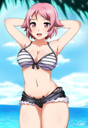 Rule 34 | 1girl, armpits, arms behind head, beach, bikini, breasts, cleavage, covered erect nipples, highres, kiikii (kitsukedokoro), large breasts, legs, lisbeth (sao), looking at viewer, navel, covered erect nipples, ocean, open mouth, pink eyes, pink hair, short, short hair, smile, solo, sonicbluespeed, striped bikini, striped clothes, swimsuit, sword art online, thighs, water