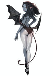Rule 34 | 1girl, absurdres, arm at side, ass, backless leotard, bare back, bare shoulders, bat wings, black footwear, black hair, black leotard, black theme, black wings, blurry, blush, breasts, closed mouth, colored skin, commentary, demon girl, demon tail, demon wings, depth of field, ear blush, english commentary, from behind, full body, grey skin, hand on own hip, high heels, highres, leotard, long hair, looking at viewer, looking back, low wings, medium breasts, ori dal, original, parted bangs, pointy ears, red lips, simple background, solo, strapless, strapless leotard, tail, walking, white background, wings, yellow eyes
