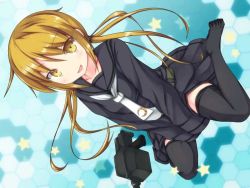Rule 34 | 10s, 1girl, blonde hair, blush, crescent, gun, kantai collection, long hair, looking at viewer, md5 mismatch, necktie, personification, resolution mismatch, satsuki (kancolle), school uniform, sitting, sleeves past wrists, solo, source larger, thighhighs, twintails, wariza, weapon, yellow eyes, yuki kawachi