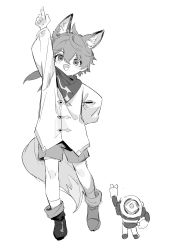 Rule 34 | 1boy, aged down, akabane yu, animal ears, arm up, child, commentary, fox boy, fox ears, fox tail, full body, genshin impact, greyscale, hair between eyes, highres, index finger raised, long sleeves, male focus, monochrome, open mouth, ruin guard (genshin impact), scarf, shirt, shorts, simple background, socks, standing, symbol-only commentary, tail, tartaglia (genshin impact)