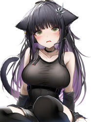 Rule 34 | 1girl, absurdres, animal ears, arknights, black hair, black shorts, black thighhighs, blush, breasts, cat ears, cat tail, green eyes, hair ornament, headset, highres, implied extra ears, jessica (arknights), jessica the liberated (arknights), large breasts, long hair, looking at viewer, official alternate costume, open mouth, purple hair, shorts, sidelocks, simple background, solo, tab head, tail, tearing up, thighhighs, white background