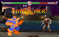 Rule 34 | 1990s (style), 1girl, 2boys, animated, animated gif, capcom, crossover, death, dhalsim, lowres, marvel, mortal kombat (series), multiple boys, sheeva, street fighter, street fighter ii (series), thanos