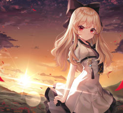 Rule 34 | 1girl, absurdres, black bow, black neckwear, blush, bow, brown sky, closed mouth, cloud, commentary request, dress, hair bow, highres, light brown hair, long hair, mountain, nam (nam990902), original, outdoors, petals, pleated dress, puffy short sleeves, puffy sleeves, red eyes, short sleeves, sky, solo, sun, sunset, white dress