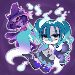 Rule 34 | 1girl, black sleeves, black thighhighs, blue hair, chibi, closed mouth, colored sclera, commentary request, creatures (company), detached arm, detached legs, detached sleeves, floating, full body, game freak, gen 4 pokemon, ghost miku (project voltage), glitch, gradient hair, grey shirt, grey skirt, hair between eyes, hands up, hat, hatsune miku, highres, long hair, looking at viewer, mashu (masyu14), mismagius, multicolored hair, necktie, nintendo, outline, pale skin, pokemon, pokemon (creature), print sleeves, project voltage, purple background, red eyes, see-through, see-through skirt, shaded face, shirt, skirt, sleeveless, sleeveless shirt, sleeves past fingers, sleeves past wrists, smile, thighhighs, twintails, very long hair, vocaloid, white hair, white necktie, white outline, witch hat, yellow eyes
