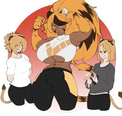 Rule 34 | 1boy, 2girls, abs, animal ears, blonde hair, breasts, clapping, clothing cutout, commission, crop top, flexing, grey shirt, hair over one eye, highres, huge breasts, large breasts, leggings, lion, lion boy, lion ears, lion girl, lion tail, long hair, markings, multicolored hair, multiple girls, muscular, muscular female, original, serenity (sunlightnova), shirt, smile, sunlightnova, tail, teeth, tiger, tiger ears, tiger girl, tiger tail, two-tone hair, underboob, underboob cutout, white shirt, yui (poketune), yuma (poketune)