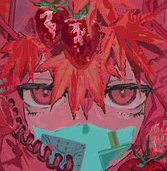 Rule 34 | 1girl, abstract, an1th1ngnb, cable, cheap properties (utau), collage, commentary request, corded phone, expressionless, food, fruit, half-closed eyes, highres, kasane teto, leaf, limited palette, looking at viewer, maple leaf, no mouth, phone, pink eyes, pink theme, portrait, solo, straight-on, strawberry, tomato, utau