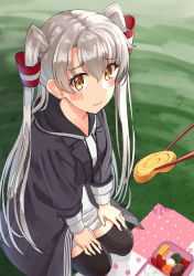 Rule 34 | 1girl, 1other, :3, amatsukaze (kancolle), bento, black coat, black thighhighs, brown eyes, coat, dress, feeding, food, hair tubes, hood, hooded dress, hoodie, kantai collection, long hair, mayura (lucadia), official alternate costume, omelet, picnic, seiza, silver hair, sitting, tamagoyaki, thighhighs, two side up, white dress