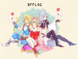 Rule 34 | 1girl, bare shoulders, blonde hair, blue eyes, breasts, brothers, cape, closed mouth, commentary request, covered mouth, detached sleeves, dissidia final fantasy, dress, elbow gloves, final fantasy, final fantasy vi, full body, gloves, jewelry, kuja, long hair, moogle, multiple boys, pantyhose, ponytail, ribbon, siblings, sitting, smile, tail, thighhighs, tina branford, white thighhighs, yellow background, zidane tribal