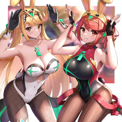 Rule 34 | 2girls, animal hat, black gloves, blonde hair, breasts, brown legwear, bunny hood (zelda), chest jewel, cleavage, closed mouth, collarbone, competition swimsuit, covered navel, fingerless gloves, fishnet legwear, fishnets, gloves, gonzarez, hands up, hat, headpiece, highres, large breasts, leotard, long hair, looking at viewer, multiple girls, mythra (massive melee) (xenoblade), mythra (radiant beach) (xenoblade), mythra (xenoblade), one-piece swimsuit, pantyhose, parted lips, playboy bunny, pyra (pro swimmer) (xenoblade), pyra (xenoblade), rabbit hat, rabbit pose, red eyes, red hair, short hair, smile, swimsuit, xenoblade chronicles (series), xenoblade chronicles 2, yellow eyes