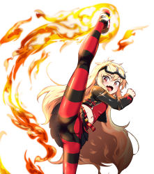Rule 34 | 1girl, belt, black jacket, blonde hair, blush, character request, copyright request, fang, fire, flame print, flat chest, goggles, goggles on head, hair between eyes, high kick, highres, jacket, kicking, kneepits, last origin, long hair, long sleeves, looking at viewer, midriff, miniskirt, navel, open clothes, open jacket, open mouth, p-24 pinto, pantyhose, pleated skirt, red belt, red eyes, shoes, skirt, sneakers, solo, spikes, split, standing, standing on one leg, standing split, striped clothes, striped pantyhose, thighs, ubo (dbsgurdbsk), very long hair, zipper pull tab