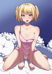 Rule 34 | 1girl, :d, absurdres, bare arms, bare legs, bare shoulders, barefoot, bed sheet, blonde hair, blouse, blue background, blue eyes, blurry, blush, breasts, camisole, cleavage, collarbone, commentary request, eyelashes, fang, feet, full body, gradient background, highres, legs folded, looking at viewer, medium breasts, off shoulder, open mouth, original, outline, panties, pantyshot, pillow, pink shirt, shadow, shiny skin, shirt, shooot108, short twintails, simple background, sitting, smile, solo, spread legs, toes, tsurime, twintails, underwear, underwear only, v-shaped eyebrows, wariza, white panties
