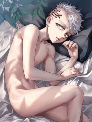 Rule 34 | 1boy, asymmetrical hair, bed sheet, collarbone, commentary request, completely nude, dragon tattoo, expressionless, fingernails, from above, half-closed eyes, hamhassy, hand up, head tattoo, highres, indoors, leaf, linea alba, lips, looking at viewer, lying, male focus, mitsuya takashi, navel, nude, on bed, on side, pectorals, pillow, plant, purple eyes, raised eyebrow, sanpaku, short hair, sidecut, solo, sunlight, tattoo, tokyo revengers, undercut, wavy hair, white hair