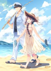 Rule 34 | 10s, 1boy, 1girl, admiral (kancolle), barefoot, beach, bikini, bikini under clothes, black hair, blunt bangs, braid, day, dog tags, dress, feet, fishing rod, flip-flops, footprints, hat, holding, holding shoes, kantai collection, kitakami (kancolle), komi zumiko, lens flare, long hair, md5 mismatch, open mouth, sandals, unworn sandals, shoes, unworn shoes, short hair, silhouette, sky, smile, soles, sun hat, sundress, swimsuit, swimsuit under clothes, toes