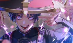Rule 34 | 1boy, absurdres, bibi (obb spl), blue eyes, blue hair, electricity, fingerless gloves, genshin impact, gloves, hat, highres, japanese clothes, looking at viewer, open mouth, scaramouche (genshin impact), smile, teeth
