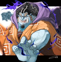 Rule 34 | 1boy, big belly, black hair, blue skin, breath, coat, coat on shoulders, colored skin, cowboy shot, curly eyebrows, facial hair, fighting stance, fins, fish boy, frown, goatee, haki, highres, ippaiotabe mkw, japanese clothes, jinbe (one piece), karate, kimono, large pectorals, looking at viewer, male focus, mature male, muscular, muscular male, one piece, orange kimono, outstretched arm, pectoral cleavage, pectorals, pointy ears, serious, solo, tusks, webbed hands