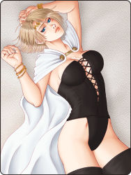 Rule 34 | 1girl, arisen (dragon&#039;s dogma), arusha, bangle, black panties, blonde hair, blue eyes, boots, bracelet, breasts, bustier, cape, circlet, dragon&#039;s dogma, dragon&#039;s dogma (series), jewelry, large breasts, lips, lots of jewelry, lying, nose, on back, panties, scar, solo, thigh boots, thighhighs, underwear