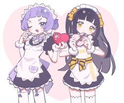 2girls :d apron black_dress black_hair blunt_bangs blush_stickers bow bowtie box box_of_chocolates dot_nose dress fang fur_cuffs hair_bow hands_up heart heart_background himitsu_no_aipri holding legs_apart long_hair maid maid_apron maid_headdress mamiya_chii mill_gyu multiple_girls one_eye_closed open_mouth pink_background pretty_series purple_bow purple_bowtie purple_eyes purple_garter_straps purple_hair short_dress short_hair short_sleeves smile standing straight_hair suzukaze_tsumugi symbol-shaped_pupils thighhighs triangle-shaped_pupils v-shaped_eyebrows white_apron white_background white_headdress white_thighhighs white_wrist_cuffs wrist_cuffs yellow_bow yellow_eyes zettai_ryouiki