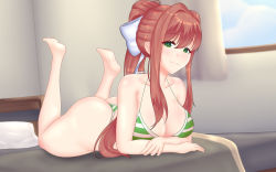 Rule 34 | 1girl, absurdres, artist name, ass, bed, bikini, breasts, brown hair, cleavage, doki doki literature club, feet, green eyes, hair ribbon, highres, large breasts, legs, long hair, looking at viewer, lying, monika (doki doki literature club), morbite, on stomach, ponytail, ribbon, smile, solo, striped bikini, striped clothes, swimsuit, the pose, thighs, thong bikini
