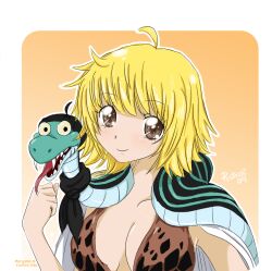 Rule 34 | 1girl, ahoge, amazon warrior, animal, bikini, blonde hair, breasts, brown bikini, brown eyes, cape, cleavage, clenched hand, commentary, english commentary, fangs, forked tongue, gradient background, looking at viewer, marguerite (one piece), neckerchief, one piece, orange background, ryotashi, short hair, signature, smile, snake, swimsuit, tongue, upper body, white cape