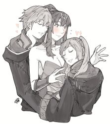 Rule 34 | 1boy, 2girls, bare shoulders, bisexual female, blush, boy and girl sandwich, bracelet, breasts, cleavage, closed eyes, closed mouth, collarbone, commentary, cropped torso, dress, english commentary, fire emblem, fire emblem awakening, flying sweatdrops, greyscale, grin, hair ornament, heart, height difference, highres, hood, hood down, hooded robe, hug, jewelry, long hair, medium breasts, monochrome, multiple girls, nintendo, ponytail, robe, robin (female) (fire emblem), robin (fire emblem), robin (male) (fire emblem), sakuremi, sandwiched, short hair, signature, smile, spot color, strapless, strapless dress, tiki (adult) (fire emblem), tiki (fire emblem), twintails, yuri