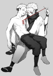 Rule 34 | 2boys, arm tattoo, bdsm, bondage, bound, closed eyes, corset piercing, facial tattoo, full body, hands up, head tilt, holding, holding needle, invisible chair, itadori yuuji, japanese clothes, jujutsu kaisen, kimono, knee up, leaning back, leaning on person, looking down, male focus, multiple boys, needle, oxoxovo, pants, parted lips, red eyes, ribbon, ribbon bondage, ryoumen sukuna (jujutsu kaisen), sandals, scarf, sewing, sewing needle, shoes, simple background, sitting, sitting on lap, sitting on person, socks, spiked hair, spot color, tabi, tattoo, topless male, zouri