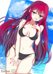 Rule 34 | 1girl, artist name, aties20, bikini, black bikini, breasts, cleavage, collarbone, earrings, baobhan sith (fate), fate/grand order, fate (series), gluteal fold, grey eyes, groin, hand on own chest, hand on own thigh, jewelry, large breasts, long hair, looking at viewer, nail polish, navel, open mouth, pink nails, pointy ears, red hair, side-tie bikini bottom, sidelocks, stomach, swimsuit, thigh gap, thighs, wide hips