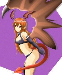 Rule 34 | 1girl, ass, asymmetrical clothes, bare shoulders, breasts, cleavage, demon girl, elbow gloves, female focus, gloves, long hair, lord of vermilion, orange hair, pointy ears, red eyes, single wing, smile, solo, demon girl, succubus (lord of vermilion), tail, wings