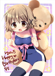 Rule 34 | 1girl, birthday, black thighhighs, brown eyes, brown hair, carrying, collarbone, competition school swimsuit, dated, happy birthday, hidamari sketch, nagayama yuunon, one-piece swimsuit, open mouth, school swimsuit, skin tight, solo, stuffed animal, stuffed toy, swimsuit, teddy bear, thighhighs, yuno (hidamari sketch)