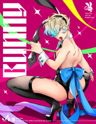 Rule 34 | 1boy, absurdres, animal ears, ass, backless outfit, bare shoulders, blonde hair, bow, bowtie, detached collar, fake animal ears, fishnet pantyhose, fishnet thighhighs, fishnets, gradient hair, high heels, highres, leotard, looking back, mae (gamefreak), male focus, male playboy bunny, multicolored hair, nipple slip, nipples, original, pantyhose, pink eyes, playboy bunny, ribbon, solo, squatting, thighhighs, tongue, tongue out, wrist cuffs