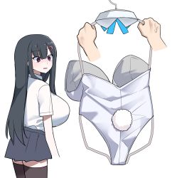 Rule 34 | 1girl, akitokage, black hair, blue bow, blue bowtie, blunt bangs, bow, bowtie, unworn bowtie, breasts, brown thighhighs, collar, collared shirt, cropped arms, detached collar, disembodied limb, fake tail, from side, grey skirt, hair between eyes, hair ornament, hairclip, highres, huge breasts, leotard, long hair, looking at another, miniskirt, nozomi (akitokage01), open mouth, oppai loli, original, purple eyes, rabbit tail, rectangular mouth, shirt, shirt tucked in, short sleeves, sidelocks, simple background, skirt, solo focus, standing, straight hair, sweatdrop, tail, thighhighs, turning head, very long hair, white background, white collar, white leotard, white shirt, zettai ryouiki