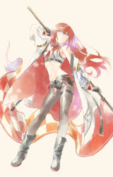 1girl alternate_costume black_footwear black_gloves blue_eyes boots breasts bright_pupils closed_mouth coat commentary_request flag full_body gloves highres holding holding_flag jacket jacket_partially_removed long_hair makise_kurisu medium_breasts multicolored_coat navel race_queen red_coat red_hair rocni solo standing steins;gate two-sided_coat two-sided_fabric two-tone_coat white_coat white_pupils