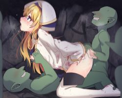 Rule 34 | 10s, 1girl, 3boys, anal, ap@meito, blonde hair, blood, blue eyes, blush, grabbing another&#039;s breast, breasts, cave, crying, double penetration, girl on top, goblin, goblin slayer!, grabbing, group sex, lactation, lying, multiple boys, nipples, nosebleed, on back, open mouth, priestess (goblin slayer!), rape, small breasts, tears, torn clothes, vaginal