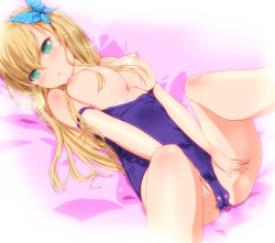 Rule 34 | 10s, 1girl, blonde hair, blush, boku wa tomodachi ga sukunai, breasts, breasts out, bug, butterfly, butterfly hair ornament, cameltoe, cleft of venus, green eyes, hair ornament, bug, kashiwazaki sena, large breasts, long hair, looking at viewer, lying, mine (peak), nipples, one-piece swimsuit, open mouth, puffy nipples, school swimsuit, solo, swimsuit, wet
