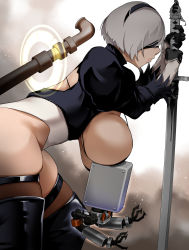 Rule 34 | 1girl, alternate breast size, backless outfit, bakkanki, bikini, bikini top only, black bikini, black headband, boots, breastless clothes, breasts, breasts out, buffy sleeves, hanging breasts, headband, highres, industrial pipe, juliet sleeves, katana, large breasts, lead pipe, leotard, long sleeves, nier:automata, nier (series), pink lips, pod (nier:automata), puffy sleeves, short hair, sideboob, standing on sword, swimsuit, sword, thick thighs, thigh boots, thighhighs, thighs, weapon, white hair, white leotard, 2b (nier:automata)