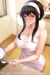 Rule 34 | 1girl, apron, aztodio, bare arms, bare shoulders, black hair, breasts, cleavage, collarbone, commentary, hairband, holding, holding spoon, indoors, large breasts, long hair, looking at viewer, naked apron, red eyes, sidelocks, smile, solo, spoon, spy x family, upper body, watermark, web address, white apron, white hairband, yor briar