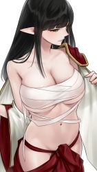 Rule 34 | 1girl, absurdres, armor, black hair, blunt bangs, breasts, chest sarashi, cleavage, collarbone, cowboy shot, hakama, highres, hinoa, japanese clothes, large breasts, long hair, looking to the side, monster hunter (series), monster hunter rise, navel, parted lips, pointy ears, red hakama, sarashi, shoulder armor, single bare shoulder, skindentation, solo, somebody (leiking00), stomach, straight hair, undressing, wide sleeves, yellow eyes