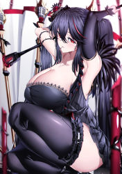 Rule 34 | 1girl, absurdres, ahoge, arm strap, armpits, arms behind head, arms up, azarashi (azrsot), azur lane, bare shoulders, black dress, black hair, black ribbon, black sleeves, black thighhighs, blurry, blurry background, blurry foreground, breasts, character name, cleavage, collarbone, crossed bangs, depth of field, detached sleeves, dress, feet out of frame, flower, frilled dress, frilled thighhighs, frills, from side, hair between eyes, hair flower, hair ornament, hair ribbon, highres, holding, holding microphone stand, huge breasts, light blush, long hair, long sleeves, looking at viewer, looking to the side, microphone, microphone stand, multicolored hair, parted lips, red eyes, red flower, red hair, ribbon, sidelocks, sideways glance, single detached sleeve, sleeveless, sleeveless dress, smile, solo, squatting, streaked hair, striped clothes, striped dress, taihou (azur lane), taihou (muse) (azur lane), thighhighs, thighs, twintails, vertical-striped clothes, vertical-striped dress, very long hair, vintage microphone, white background