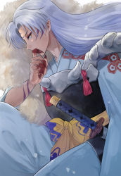 Rule 34 | 1boy, absurdres, armor, blood, blood on hands, cowboy shot, crescent, facial mark, fingernails, forehead mark, fur, highres, inuyasha, japanese clothes, long hair, looking at viewer, male focus, obi, pointy ears, profile, sash, senjoh maiko, sesshoumaru, sheath, sheathed, silver hair, solo, sword, weapon, yellow eyes