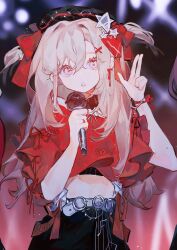 Rule 34 | 1girl, absurdres, belt, black hat, black pants, blonde hair, chinese commentary, commentary request, cowboy shot, crop top, hat, hat ribbon, highres, holding, holding microphone, long hair, mengtunshaojing, microphone, open mouth, original, pants, pink eyes, red ribbon, red shirt, ribbon, shirt, signature, solo, star (symbol), two side up, white belt