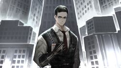 Rule 34 | 1boy, black eyes, black hair, black vest, closed mouth, collared shirt, game cg, gauntlets, highres, limbus company, looking at viewer, male focus, meursault (project moon), nai ga, necktie, official art, outdoors, project moon, red necktie, shirt, short hair, single gauntlet, solo, standing, vest, white shirt, wing collar