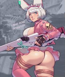 Rule 34 | 1girl, ahoge, ass, ass focus, blush, breasts, elphelt valentine, fingerless gloves, from behind, gloves, green eyes, guilty gear, guilty gear strive, gun, highres, huge ass, jacket, large breasts, looking at viewer, miniskirt, short hair, shotgun, sideboob, skirt, skullworms, smile, solo, thick thighs, thigh strap, thighhighs, thighs, thong, weapon, white hair