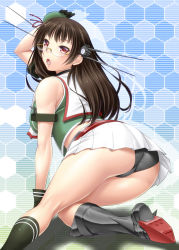 Rule 34 | 10s, 1girl, ass, ayato, bare shoulders, black panties, boots, breasts, brown hair, choukai (kancolle), female focus, from behind, glasses, headgear, highres, kantai collection, kneeling, long hair, looking at viewer, looking back, midriff, miniskirt, open mouth, panties, red eyes, shirt, skirt, socks, solo, thighs, underwear, upskirt