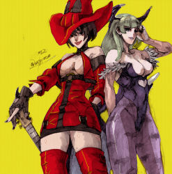 Rule 34 | 2girls, :p, animal print, bare shoulders, bat print, black hair, boots, breasts, bridal gauntlets, choker, cleavage, crossover, demon girl, detached sleeves, dress, elbow gloves, electric guitar, fingerless gloves, gloves, green eyes, green hair, guilty gear, guilty gear xx, guitar, hat, head wings, i-no, instrument, large breasts, leotard, lipstick, long hair, low wings, makeup, morrigan aensland, multiple girls, nail polish, oko (ocotaros), pantyhose, print legwear, purple legwear, red eyes, red footwear, red hat, red legwear, short dress, short hair, simple background, smile, thigh boots, thighhighs, tongue, tongue out, vampire (game), wings, wryyoco, yellow background