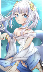 Rule 34 | 1girl, :3, bare shoulders, blue eyes, blue hair, bracelet, braid, collarbone, commentary, dress, fins, fish tail, gawr gura, gawr gura (party dress), gladiator sandals, highres, hololive, hololive english, jewelry, long hair, looking at viewer, multicolored hair, sandals, shark tail, silver hair, solo, streaked hair, tail, twintails, virtual youtuber, weyas kayur, white dress